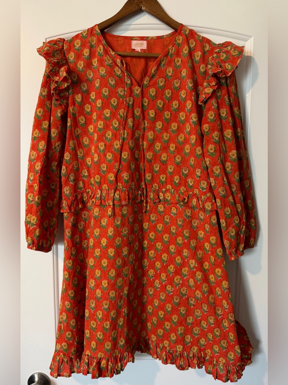 Sunshine Tienda Orange Floral Midi Dress with Ruffle Trim